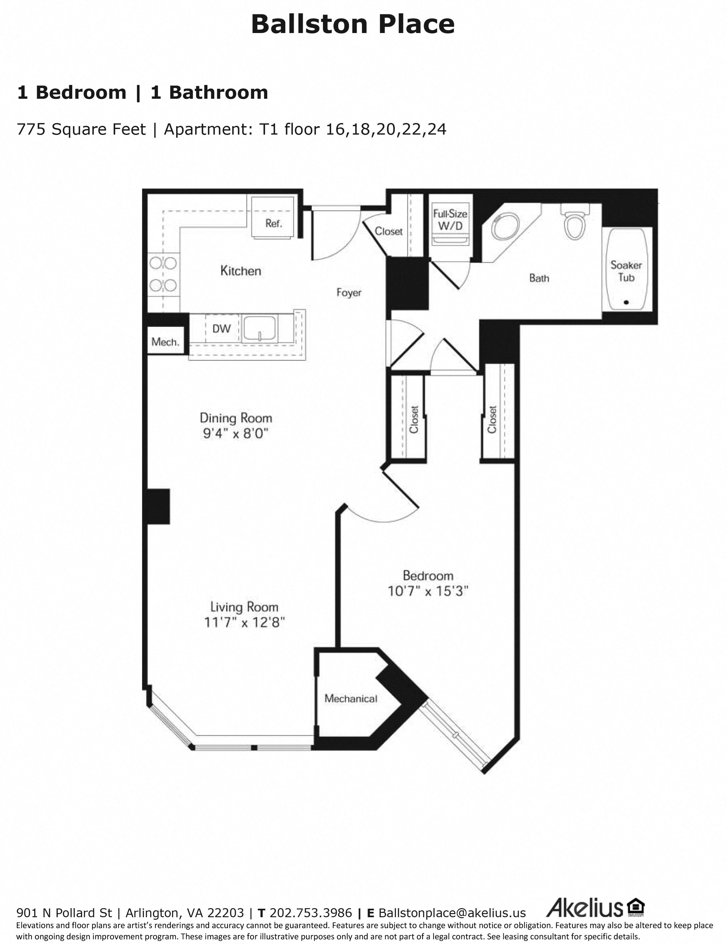 1B1B 775 SF T1 Floor 16 18 20 22 and 24 775 sf